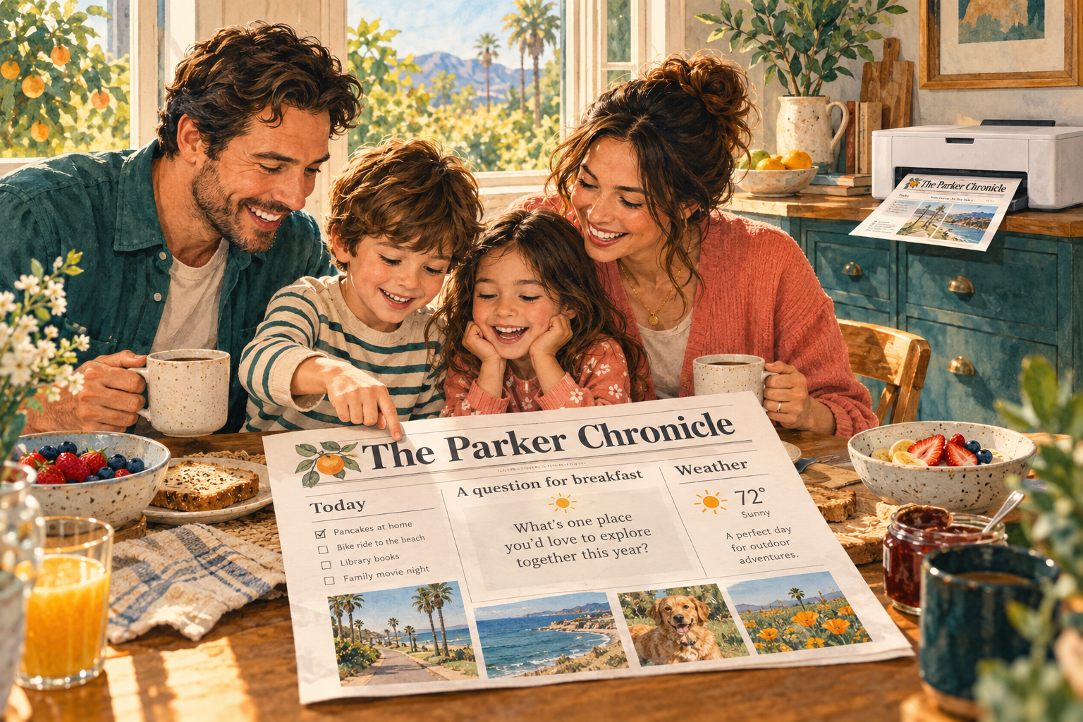 A family sharing their own Chronicle at breakfast, with a freshly printed edition coming out of a nearby home printer.
